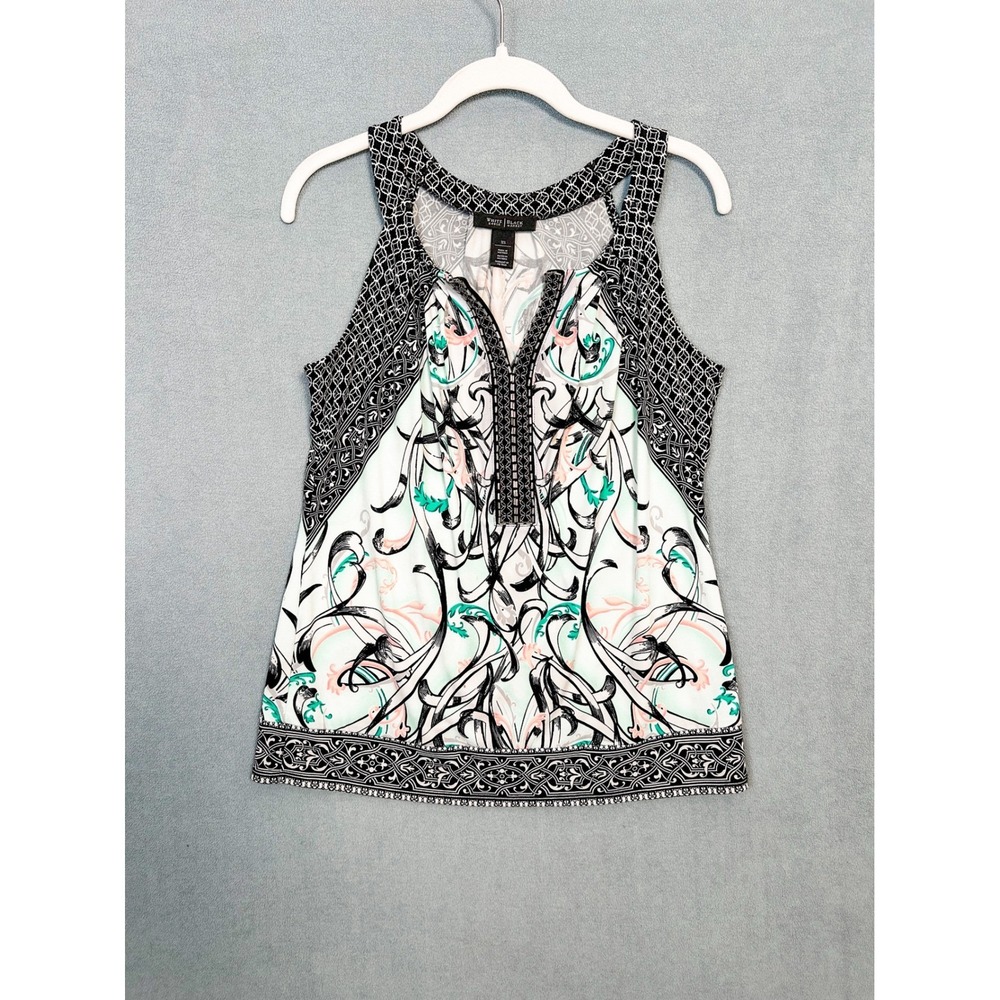 White House Black Market XS Beaded Scroll Print Sleeveless Blouse Mint Black